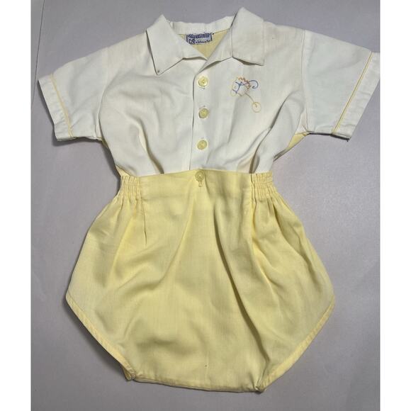 Vtg Baby Clothes Yellow Romper A Jetmore Embroidered Stick Horse Diaperette 3-6 - Picture 1 of 7